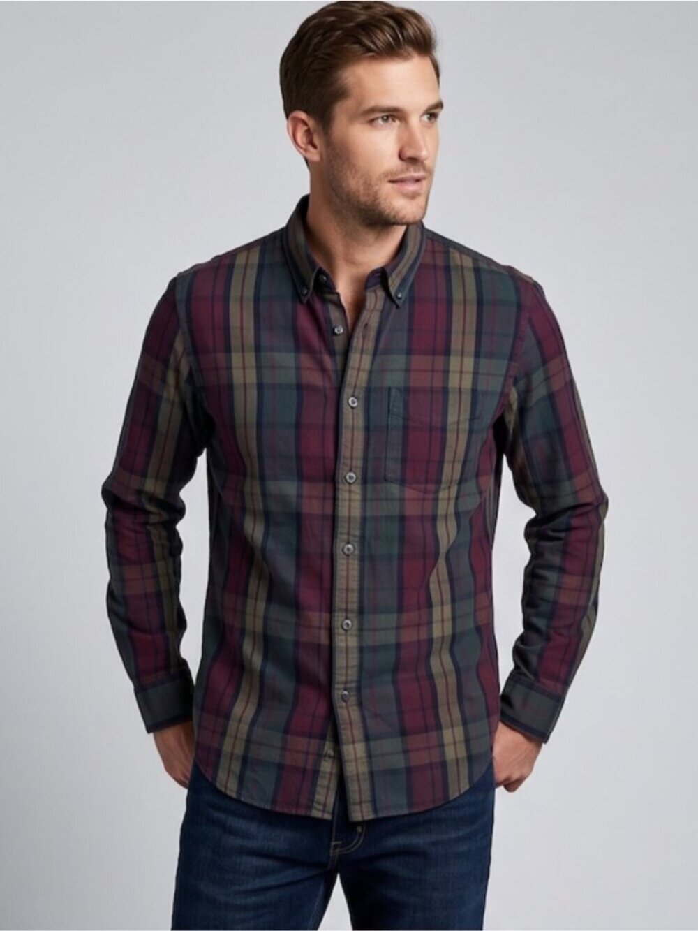 Club Monaco Midweight Brushed Cotton Tartan Button-Down Shirt, Heritage Plaid